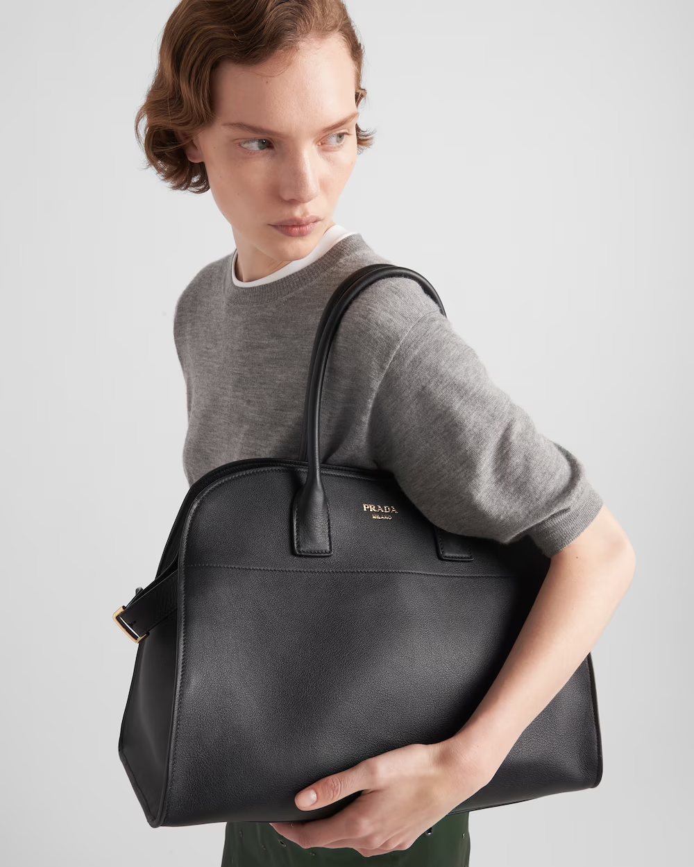 Large leather tote bag with buckles